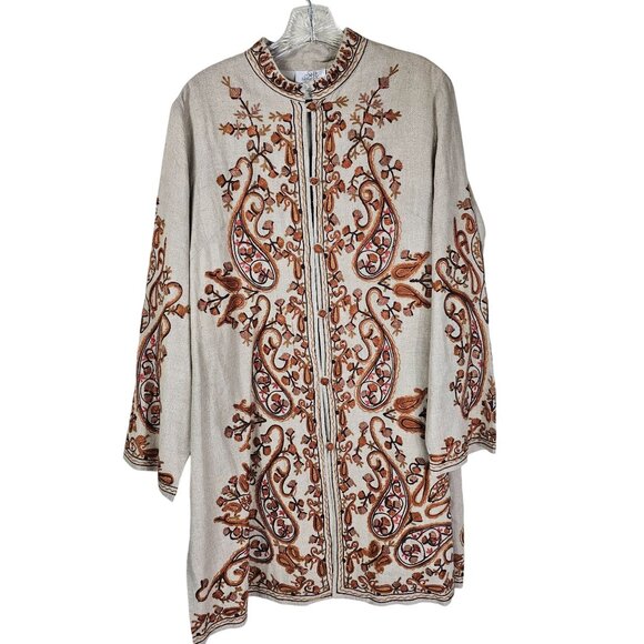 VTG Soft Surroundings Boho Embroidered Linen Jacket M Side Slit Mandarin Coastal - Picture 1 of 12